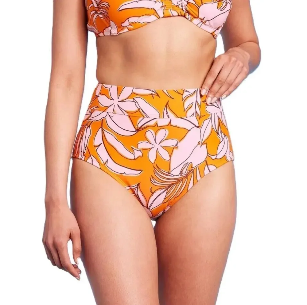 Kona Sol Tropical Bikini Bottom Size L High Waist Orange Pink Swim Bottom NWOT